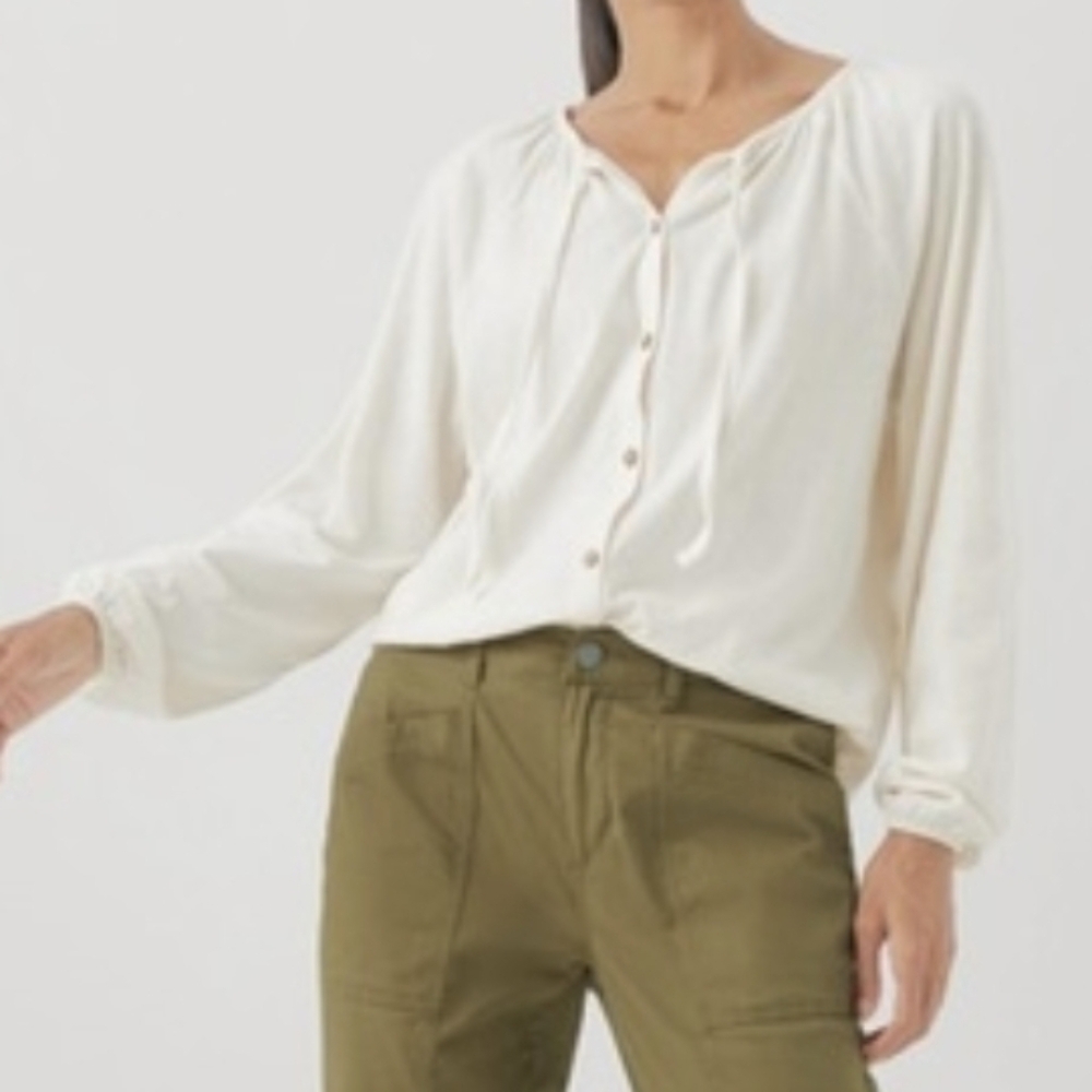 Pact Sea Salt Josie Poet Sleeve Blouse Size M Organic Cotton Linen Blend